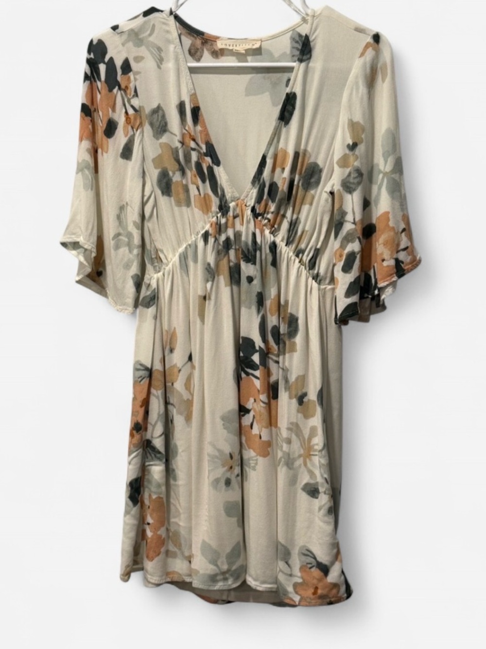 Lovestitch Cream Floral V-Neck Mini Dress with Tan Accents